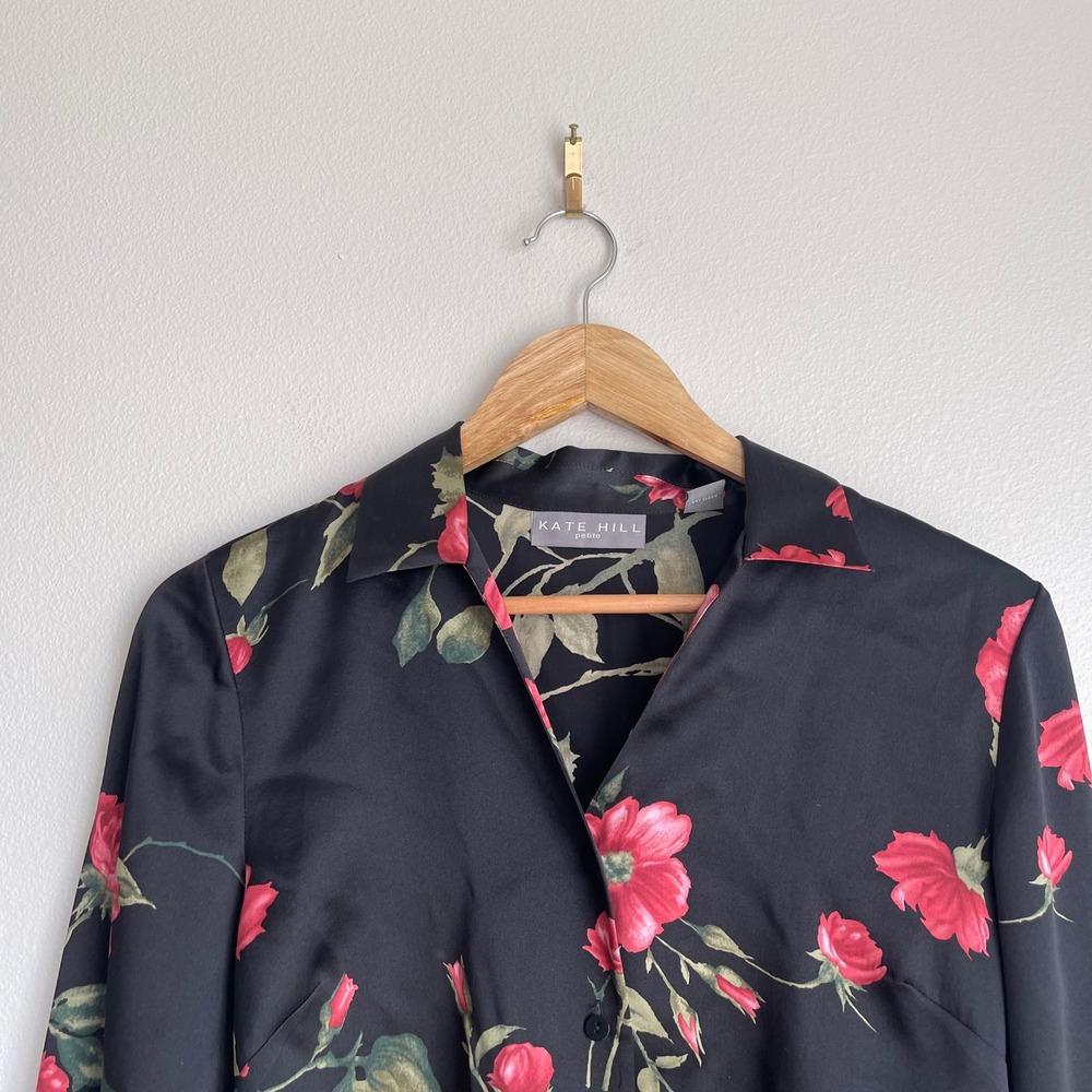 Vintage 90s Kate Hill Petite 100% Silk Floral Print Long Sleeve Blouse‎ - Picture 4 of 9